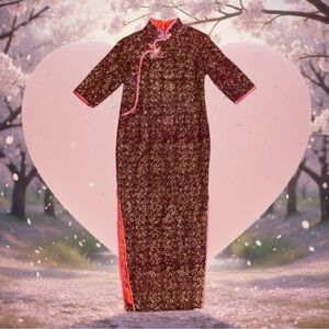 Cheongsam Qipao Pink, Purple, Gold & Red Sparkly 3/4 Sleeve Maxi Dress Size XL